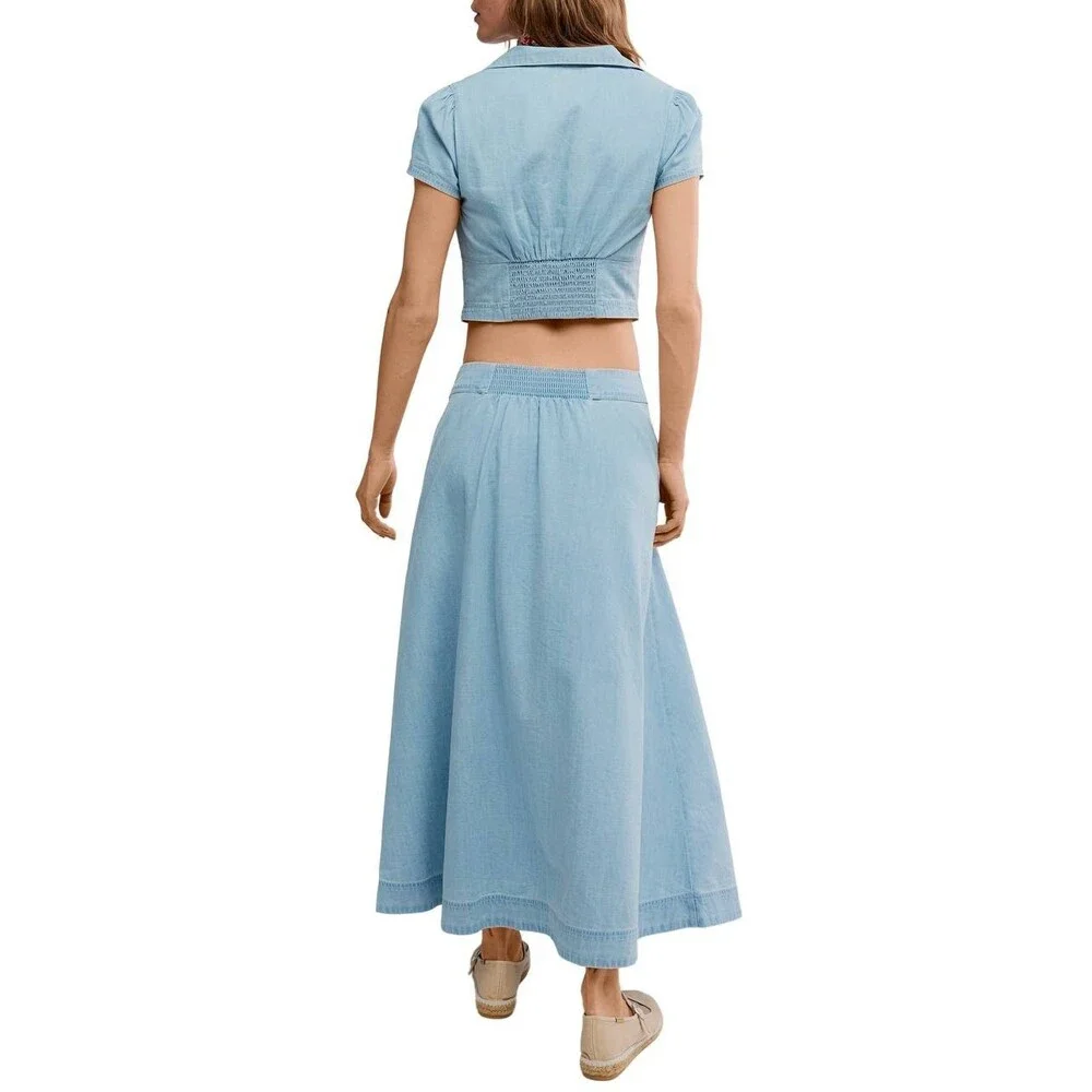 Free People Easy Does It Crop Cotton Button-Up Top Ice Crush S/P NWT $45